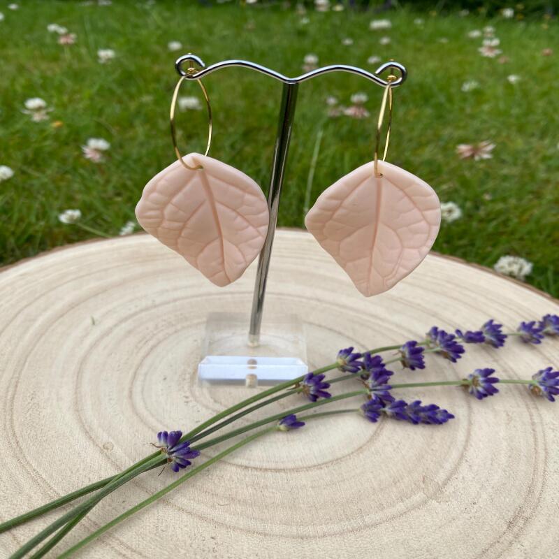 Pastel Pink Clay Leaf Earrings: Boho Nature Jewelry - silver