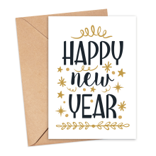 New Year Card - Black & Gold Happy New Year - Small (Approx. A6 | 105mm x 148mm | 4.1in x 5.8in) - Standard Smooth Card