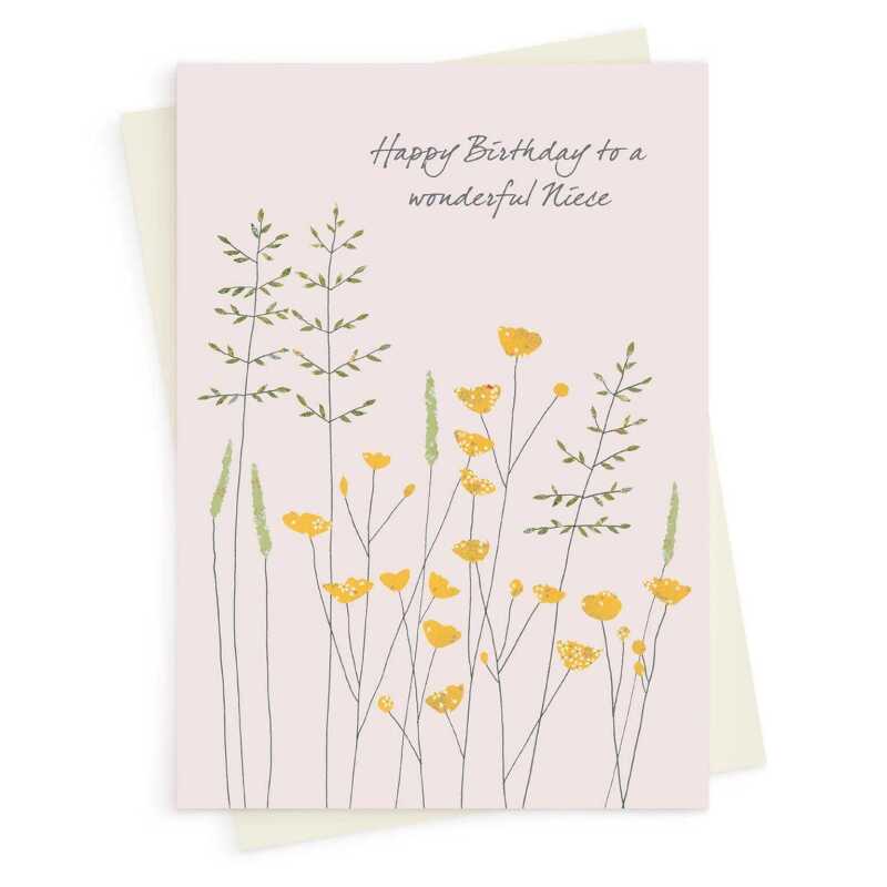 Buttercups and grass niece birthday card -  designed by Eloise Hall for Holy Mackerel - 15.7 x 11cm and blank inside, made in the UK