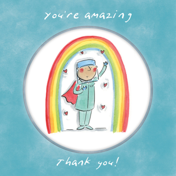 Holy Mackerel Amazing healthworker (male), a 15cm square thank you card for a nurse or doctor featuring Rosie Brooks artwork, blank inside for your message