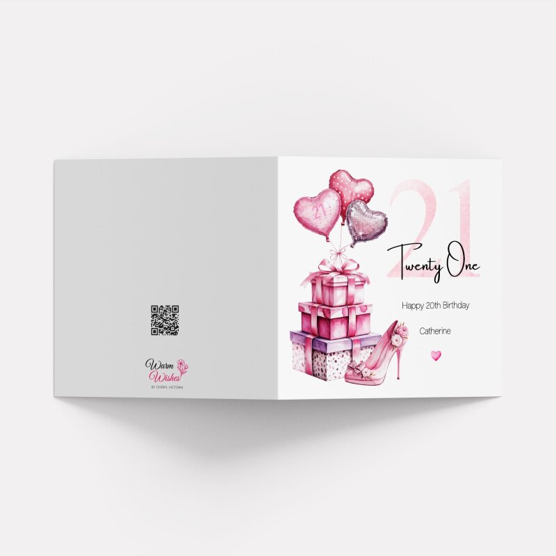 Personalised 21st Birthday Card for Her Pink Heels Balloons Gift Boxes Milestone Greeting Women - Smooth No Message - Kraft Brown