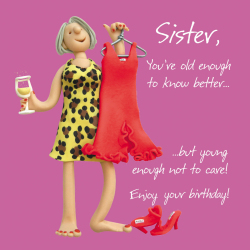 Holy Mackerel Sister, old enough to know better, an Erica Sturla birthday greetings card, 15cm square, printed in the UK and blank inside.