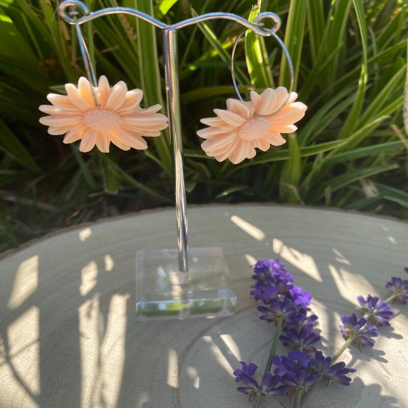 Pink Clay Flower Dangle Earrings: Boho Nature-Inspired Jewelry - silver - small