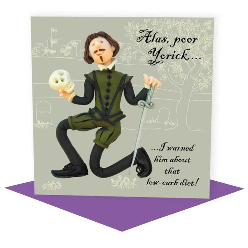 Alas poor Yorick - Hamlet themed birthday card - designed by Erica Sturla - 15cm square and blank inside, made in the UK