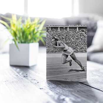 Jesse Owens, photographic black and white Olympics themed card - 12.6 x 17.7cm and blank inside - made in the UK