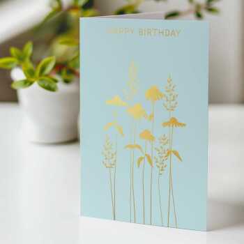 Happy birthday card with a pretty gold foil echinacea print - designed by artist Eloise Hall - 15.7 x 11cm and blank inside