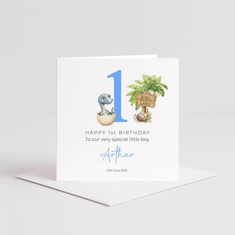 Personalised First Birthday Card Baby Dino in Egg Custom and Handmade for Boys - Smooth No Message - Kraft Brown