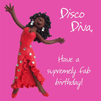 Holy Mackerel disco diva female birthday card for her - designed by artist Erica Sturla - 15cm square and blank inside for your message - made in the UK