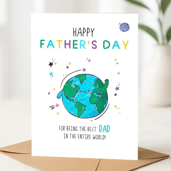Father's Day Card - Best Dad In The Entire World - Small (Approx. A6 | 105mm x 148mm | 4.1in x 5.8in) - Standard Smooth Card