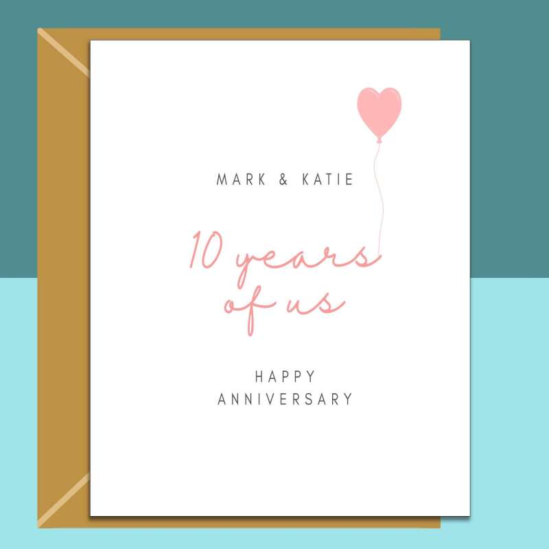 10 Year Anniversary Card - Customised Names - Personalised Inside if Required - For Husband, Wife, Boyfriend, Girlfriend, Fiance - Romantic - Blank inside - Regular - Matte