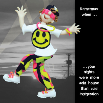 Holy Mackerel acid indigestion birthday card featuring a rave character - designed by artist Erica Sturla - 15cm square and blank inside for your message - made in the UK