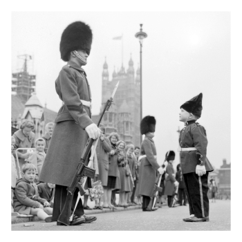 Holy Mackerel changing the guard retro black and white photographic card featuring a vintage image of a London scene - 15cm square and blank inside