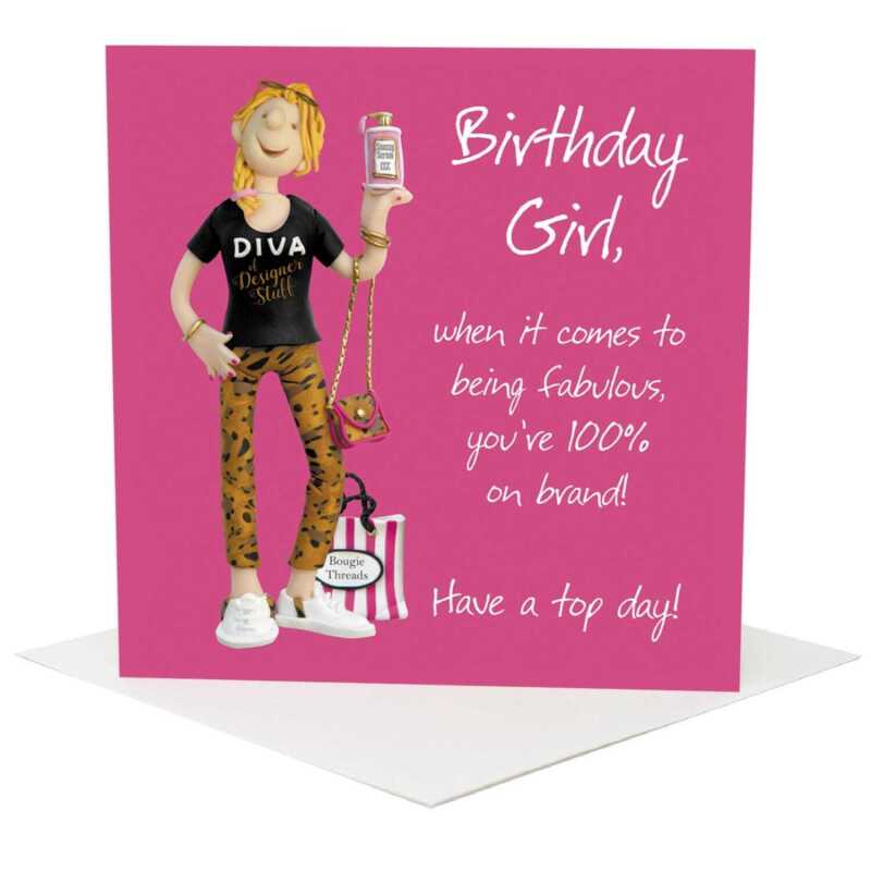 On brand birthday girl - female birthday card for her - designed by Erica Sturla - 15cm square and blank inside, made in the UK