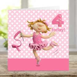 Birthday girl age 4 as a dancing ballerina - child's age birthday - designed by Erica Sturla - 15cm square and blank inside, made in the UK