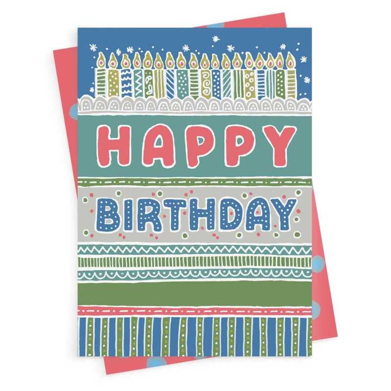Happy birthday candles, a colourful and fun birthday card with a gorgeous printed envelope - 12 x 17cm and blank inside - made in the UK