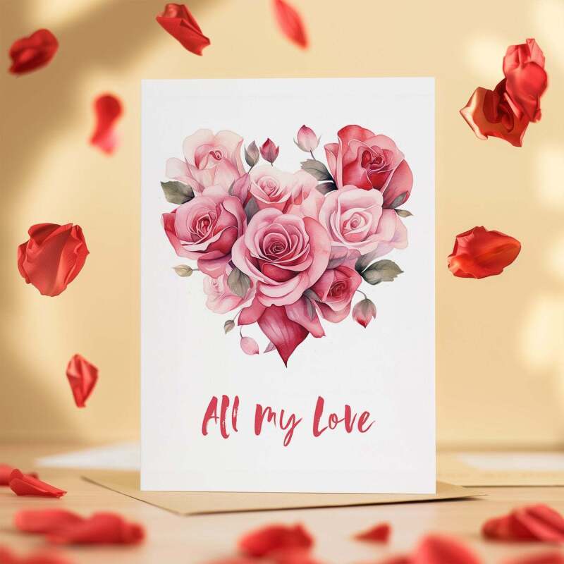 Valentine's Day Card for Her Valentine's Day Card for Wife Valentine's Day Card For Husband Boyfriend or Girlfriend Flower Heart - Portrait (5x7) / Blank Inside