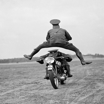Holy Mackerel man leaping motorcycle retro black and white photographic card featuring a vintage image of a motorbike stunt - 12.6 x 17.7cm and blank inside