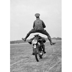 Holy Mackerel man leaping motorcycle retro black and white photographic card featuring a vintage image of a motorbike stunt - 12.6 x 17.7cm and blank inside