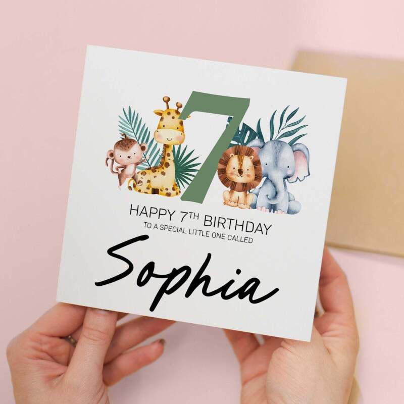 Personalised 7th Birthday Children's Card Jungle Themed Seventh Birthday Card For Boy or Girl Seven Years Custom Card - Square (5.5x5.5) / Blank Inside