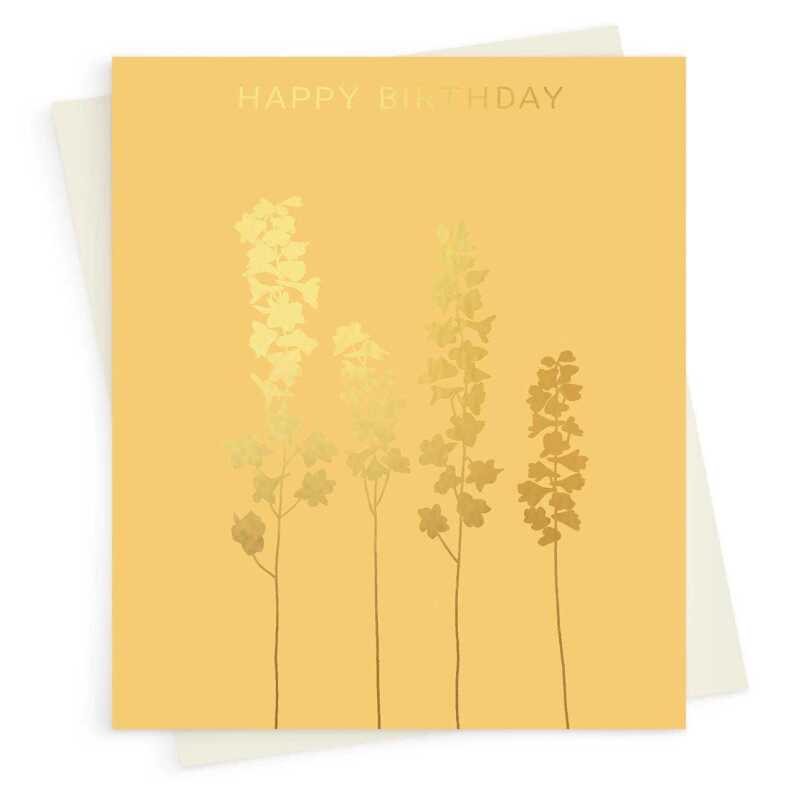 Happy birthday card with a pretty gold foil delphinium print - designed by artist Eloise Hall - 15.7 x 11cm and blank inside