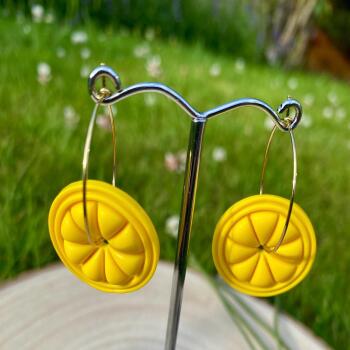 Polymer clay, Lemon Hoop Earrings: Abstract Summer Jewelry
