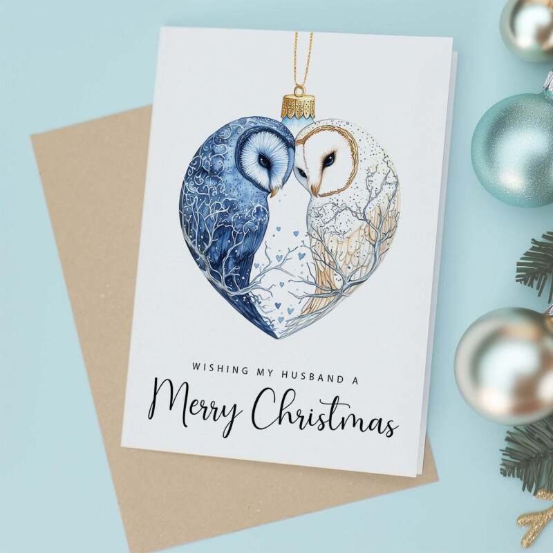 Christmas Card For Husband Owls Bauble Love Heart Illustration Romantic Christmas Card For Husband - Portrait (5x7) / Blank Inside