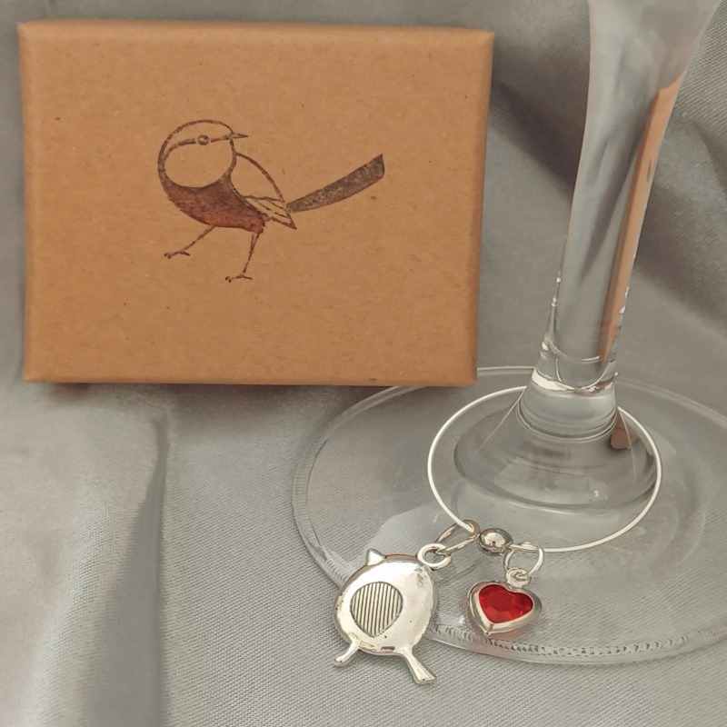 Robin and Heart Wine Glass Charm