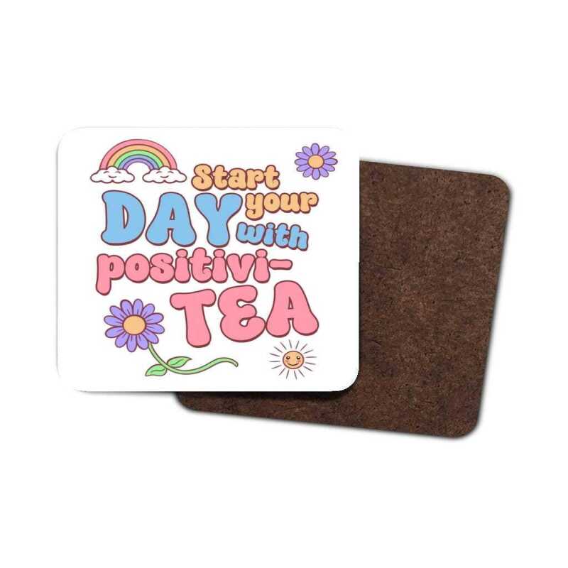 Pastel Retro Coaster: Positivi-TEA, Rainbow, Daisy Design