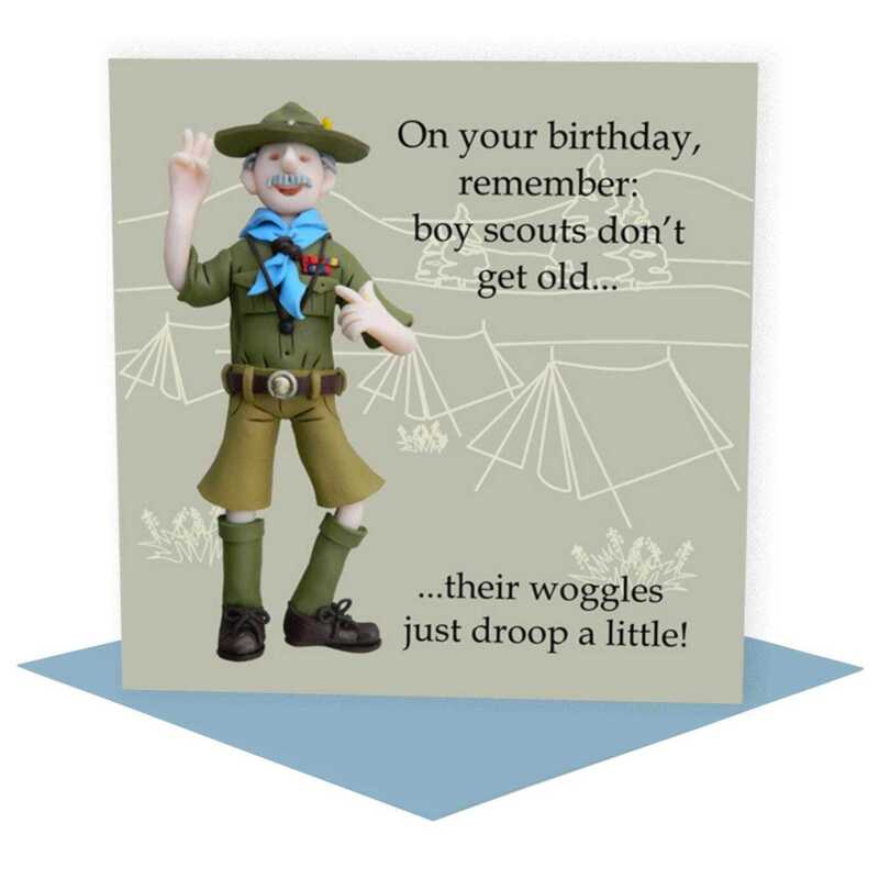 Boy scouts don't get old - Lord Baden Powell themed birthday card - designed by Erica Sturla - 15cm square and blank inside, made in the UK