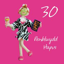 Penblwydd hapus, 30th female Welsh language age birthday card by Erica Sturla. Card is 15cm square and blank inside
