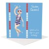 Swim Queen swimming birthday card for her - designed by Erica Sturla & featuring an image of a female swimmer in a pool -  15cm square