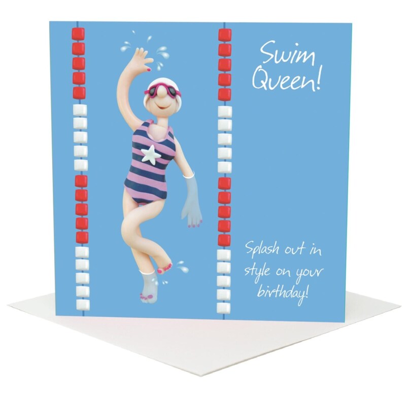 Swim Queen swimming birthday card for her - designed by Erica Sturla & featuring an image of a female swimmer in a pool -  15cm square