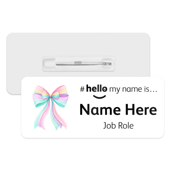 #hello my name is... Name Badge - Pastel Rainbow Coquette Bow