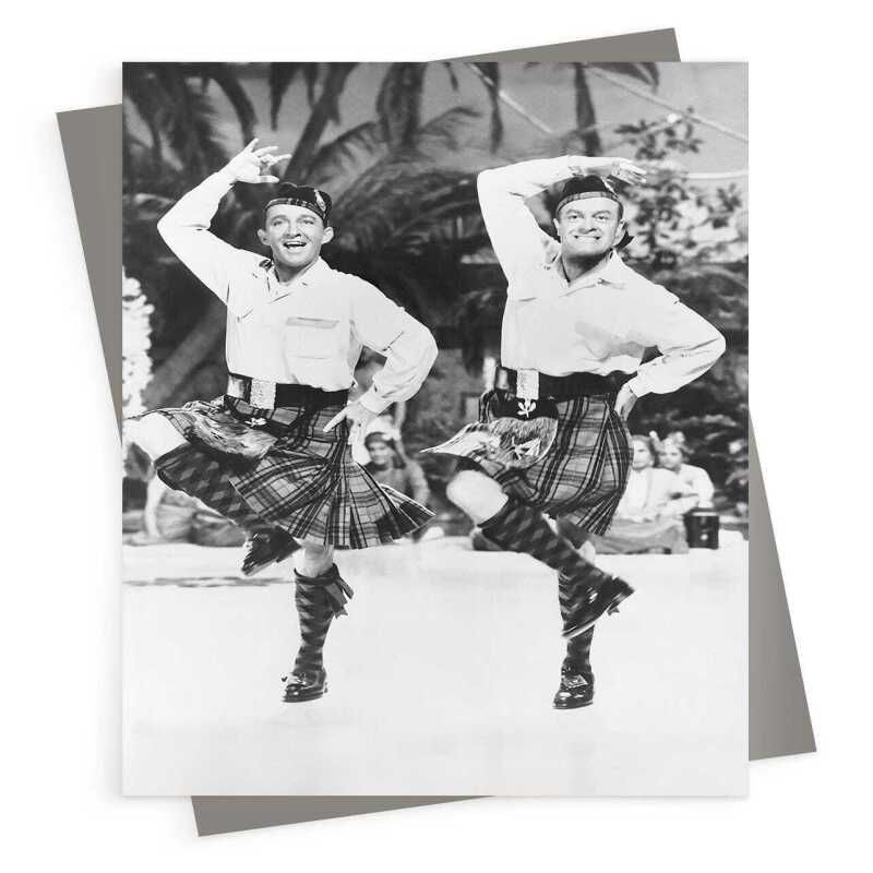 Bing & Bob in kilts, photographic black and white dancing themed card - 12.6 x 17.7cm and blank inside - made in the UK