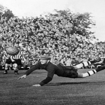 Goalkeeper Black and White Retro Photographic Card by Holy Mackerel Featuring a Vintage Photograph, Blank Inside for Your Message