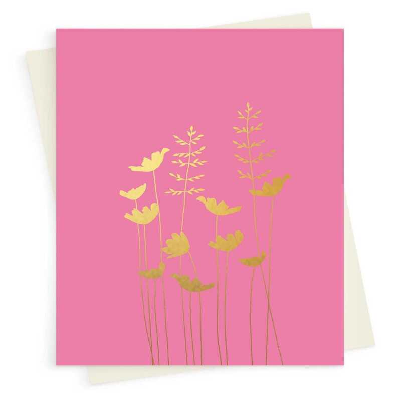 Anenome and wild grasses greeting card embellished with gold foil -  designed by artist Eloise Hall - 15.7 x 11cm and blank inside