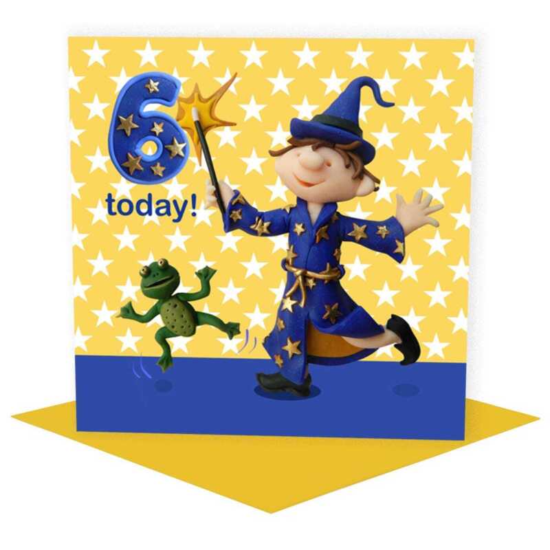 Birthday boy age 6 in a wizards costume - child's age birthday - designed by Erica Sturla - 15cm square and blank inside, made in the UK