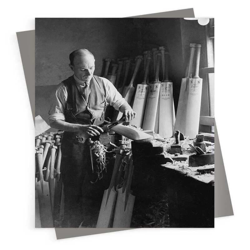 Cricket bat maker - retro black and white themed card featuring a man making a cricket bat - 12.6 x 17.7cm and blank inside - made in the UK