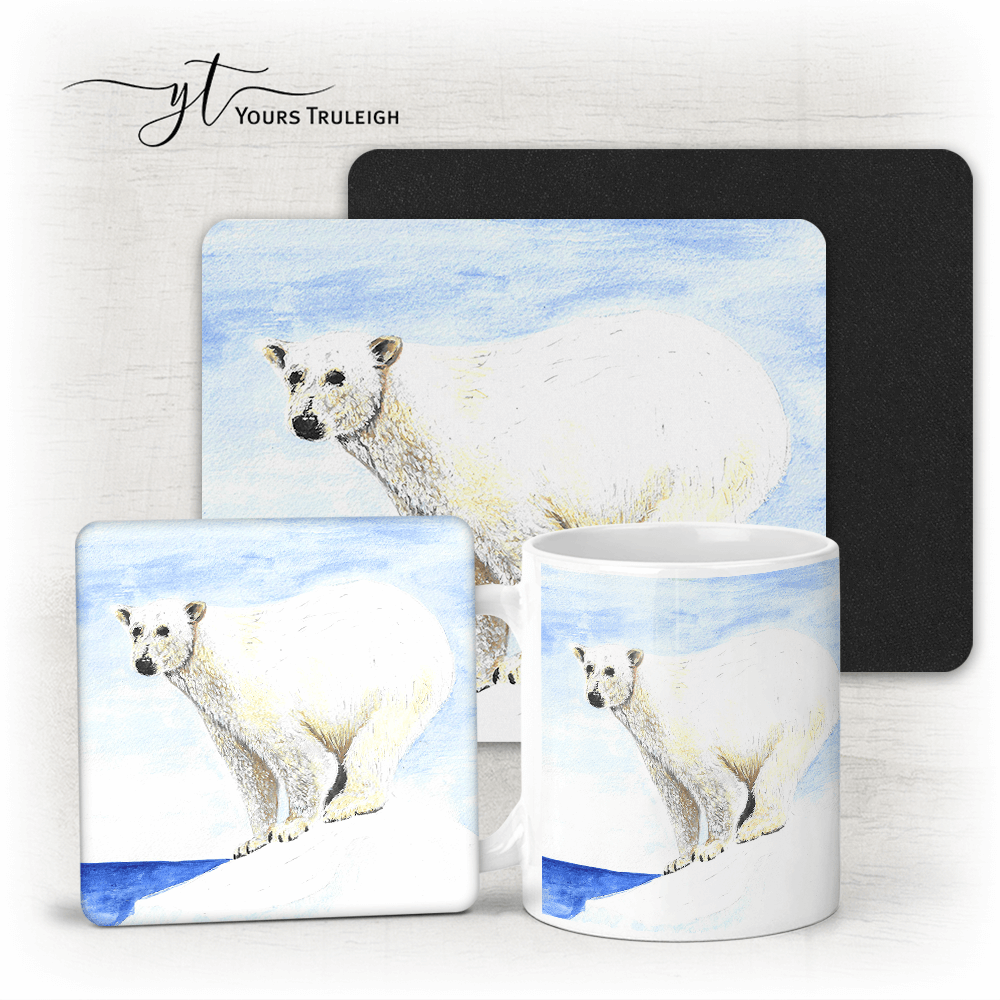 Polar Bear - Ceramic Mug, Hardboard Coaster & Placemat Set - Polar Bear