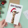 Fun Christmas Card of a Giraffe Wearing A Santa Hat Whimsical Christmas Card For Animal Lover For Him or Her - Portrait (5x7) / Blank Inside