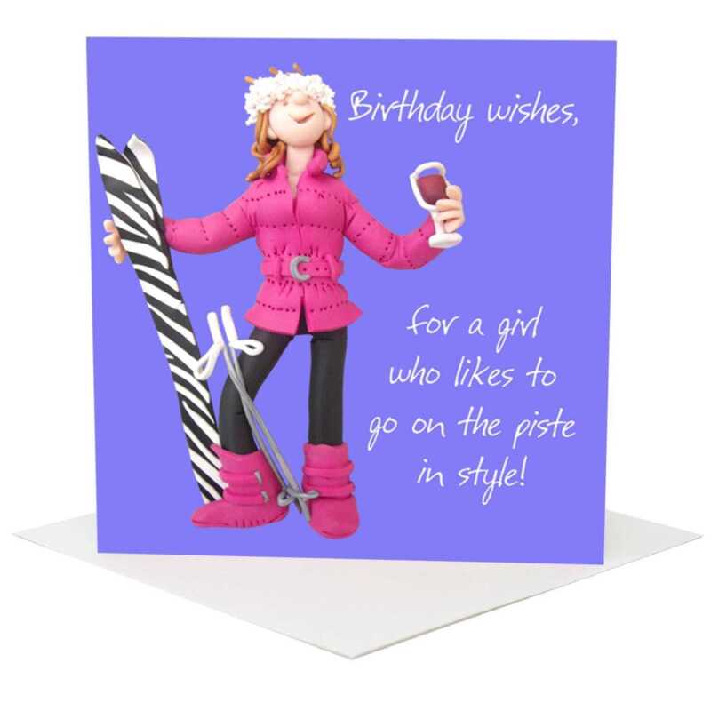Skiing themed birthday card for her - designed by Erica Sturla - 15cm square and blank inside, made in the UK