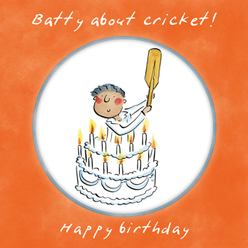 Holy Mackerel Batty about cricket, a 15cm square sports themed birthday card featuring Rosie Brooks artwork, blank inside for your message. For Dad, Uncle, grandad, son, nephew, husband, friend etc.