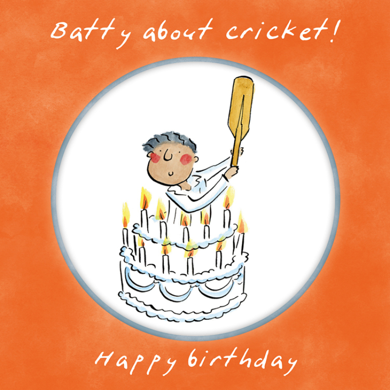 Holy Mackerel Batty about cricket, a 15cm square sports themed birthday card featuring Rosie Brooks artwork, blank inside for your message. For Dad, Uncle, grandad, son, nephew, husband, friend etc.