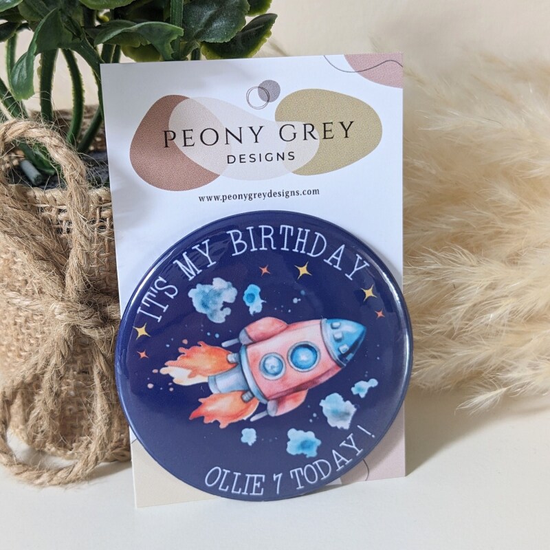 Personalised Space Rocket Birthday Card And Badge, Space Birthday Card. Space Rocket Birthday Card - 