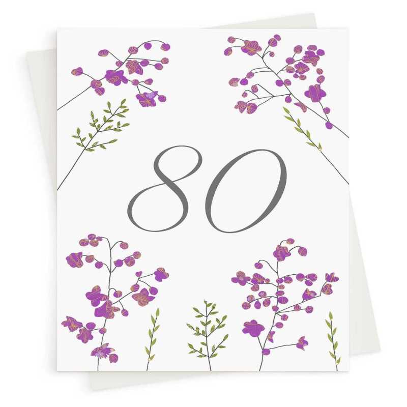 Feminine floral 80th birthday greeting card -  designed by Eloise Hall - 15.7 x 11cm and blank inside, made in the UK