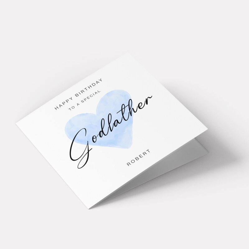 Godfather Birthday Card with Personalised custom name, Blue Watercolour Heart design, Handmade Greeting UK - Smooth No Message - Kraft Brown