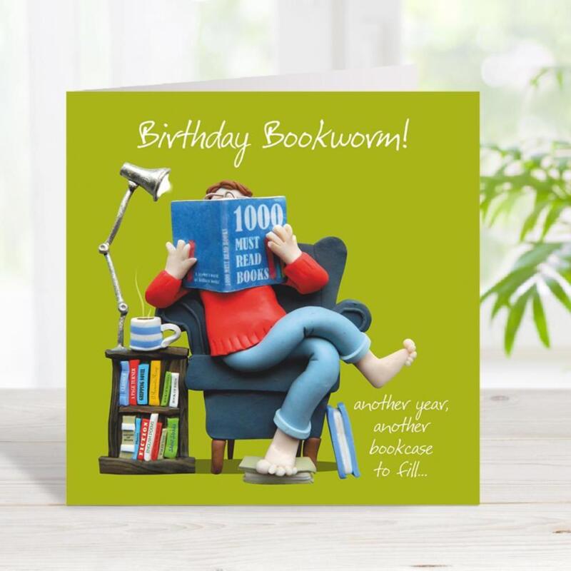 Bookworm birthday card - designed by Erica Sturla - 15cm square and blank inside, made in the UK