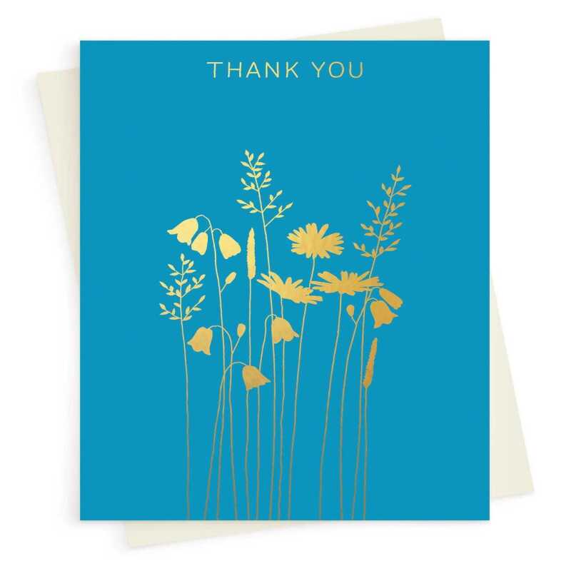 Harebells and Daisies Thank you card embellished with gold foil -  designed by artist Eloise Hall - 15.7 x 11cm and blank inside