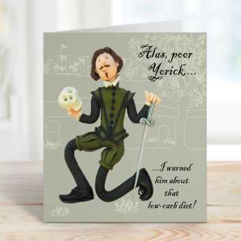Alas poor Yorick - Hamlet themed birthday card - designed by Erica Sturla - 15cm square and blank inside, made in the UK