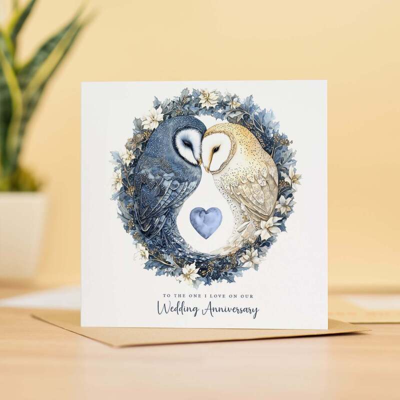 Wedding Anniversary Card Pretty Owl Design with Love Heart Card For Wedding Anniversary Card - Square (5.5x5.5) / Blank Inside